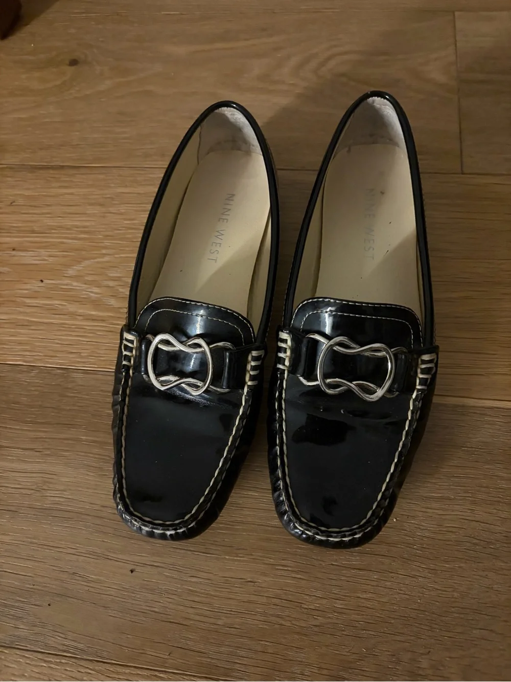 Nine West Black Patent Loafers with Silver Buckle Accent